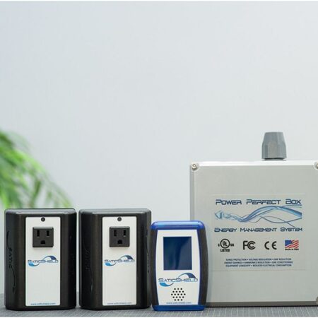 Package deal: Power Perfect whole-house filter, 2 Satic Pure Power Plug-in Filters, Dirty Electricity Meter--background