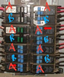 Example of A and B phases on a circuit breaker panel to illustrate how to install Satic Pure Power plug-in filters